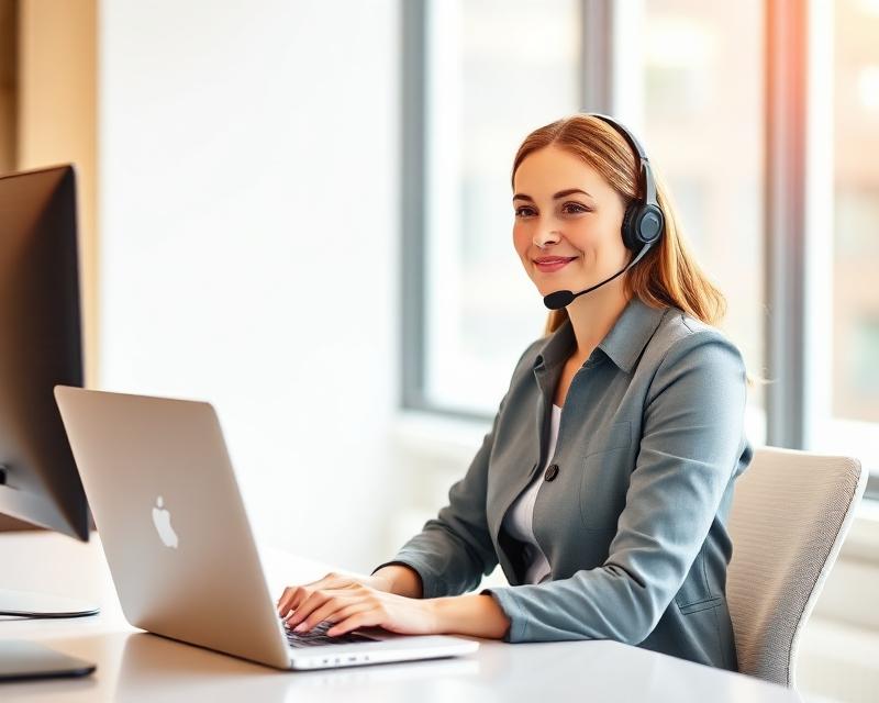 Professional using a headset at a modern desk