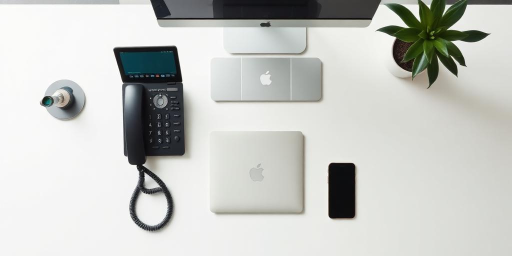Modern office desk with IP phone, laptop, and smartphone